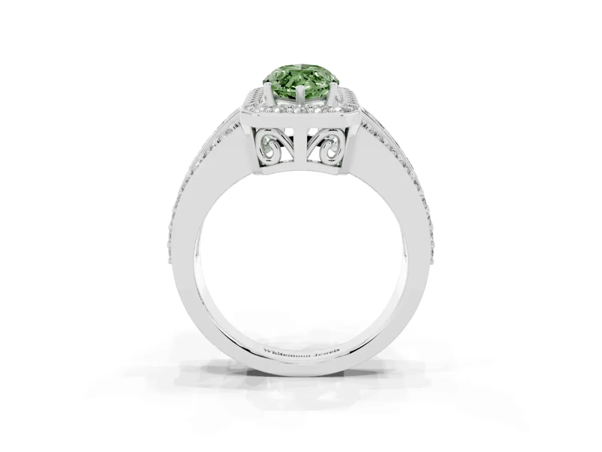 Fancy Green Marquise Cut Halo Diamond Ring with Round Split Shank and Prong Setting Silver