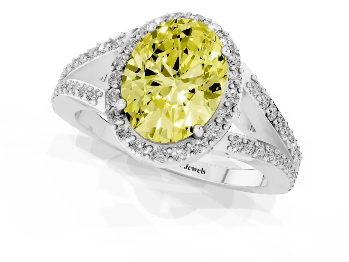 Fancy Yellow Oval Cut Halo Split Shank Diamond Ring with Prong Setting Silver
