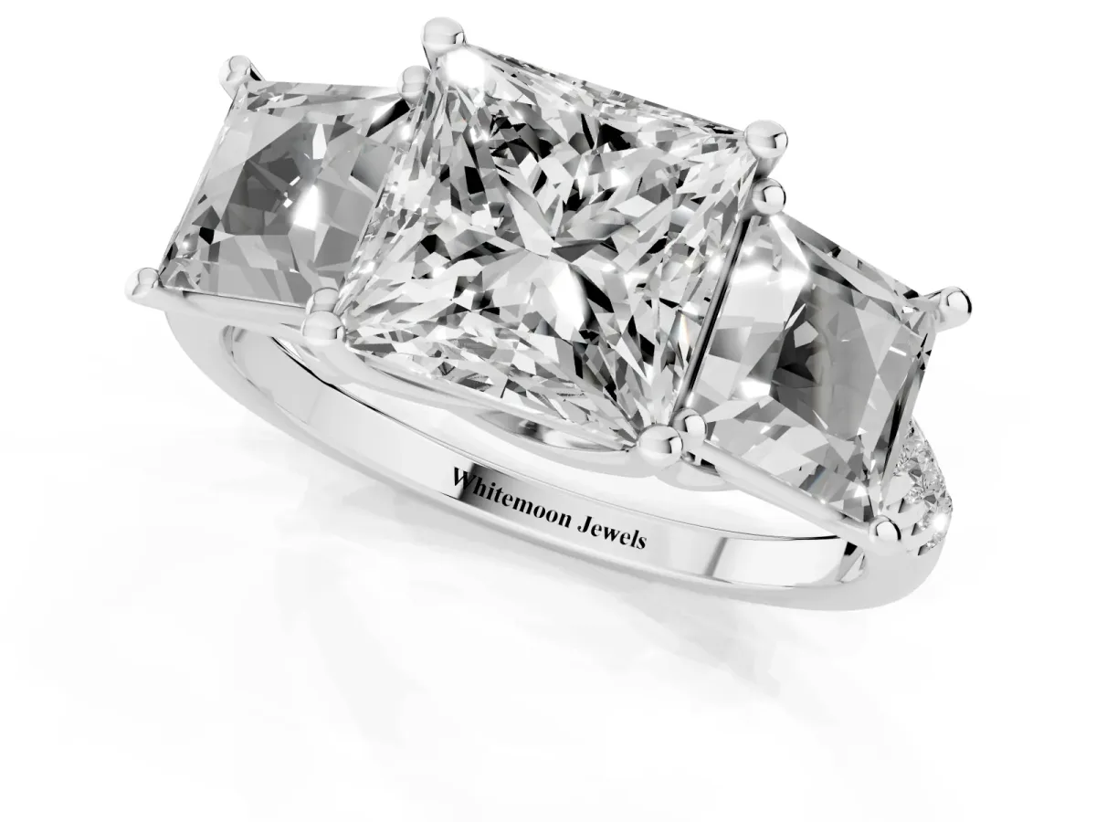 Three-Stone Princess Cut Diamond Ring with Round Pavé Band and Prong Setting Silver