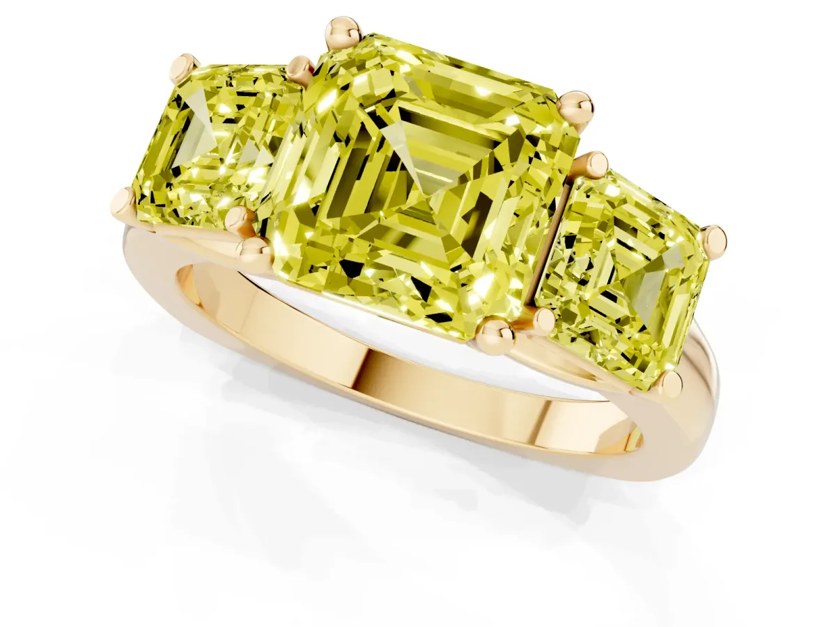 Fancy Yellow Three-Stone Asscher Cut Brilliant Diamond Trellis Ring with Comfort Fit Band Yellow gold