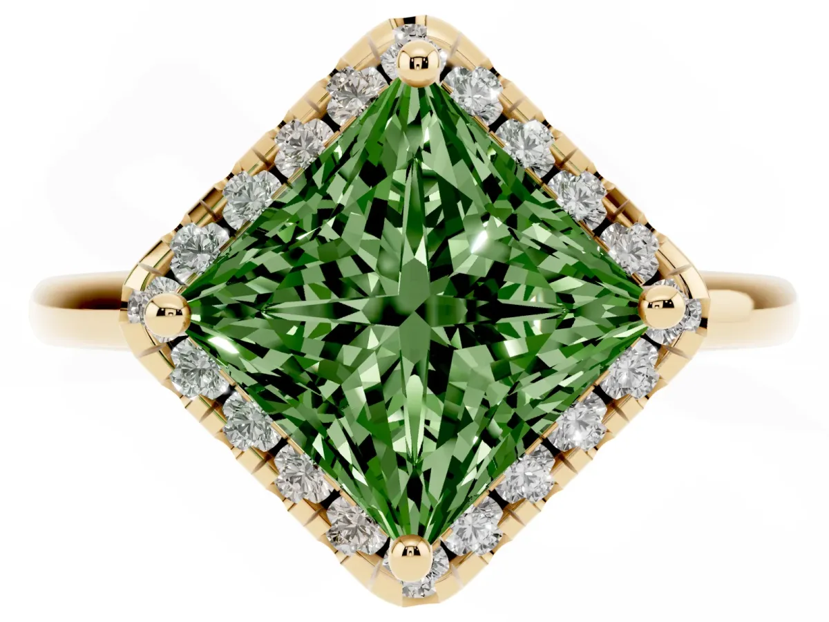 Fancy Green Princess Cut Halo Round Diamond Solitaire Engagement Ring with Pave Band and Four-Prong Setting Yellow gold