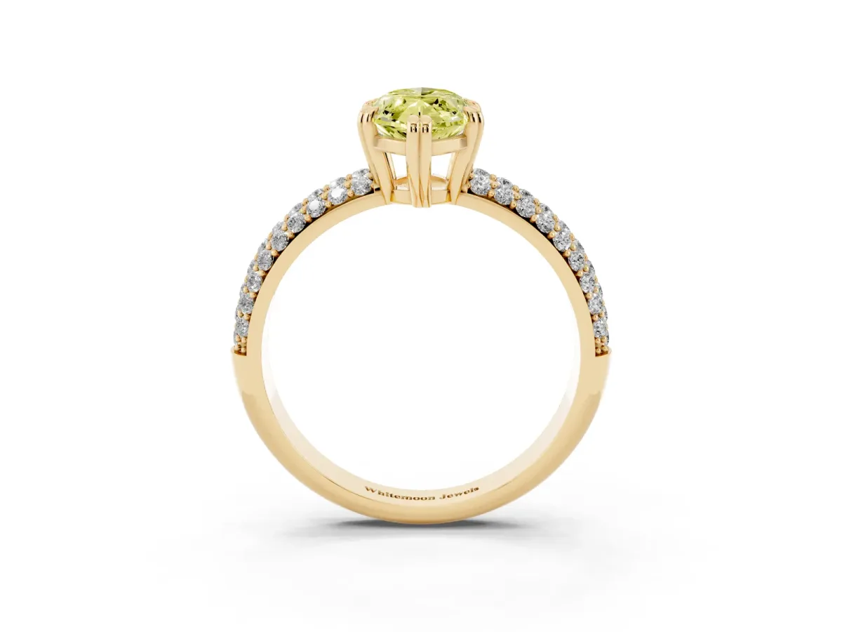 Fancy Yellow Marquise Cut Diamond Solitaire Ring with Multi-Row Round Pavé Band and Prong Setting Yellow gold