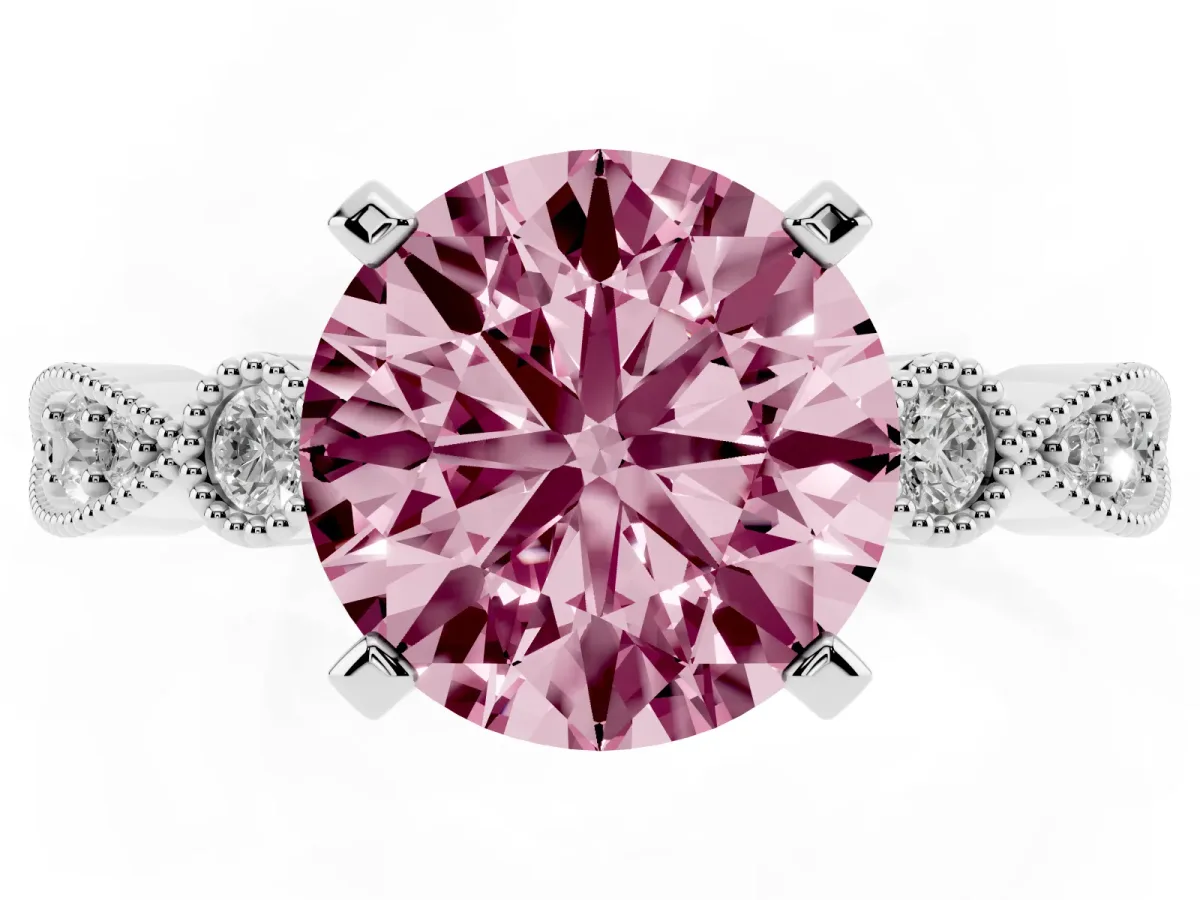 Fancy Pink Round Cut Milgrain Bezel Diamond Engagement Ring with Solitaire Prong Setting Silver