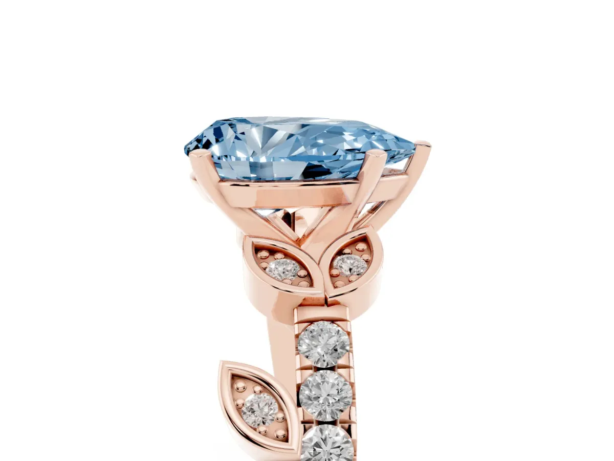 Fancy Blue Pear Cut Solitaire Leaf-Inspired Diamond Ring with Pavé Band and Four-Prong Setting Rose gold
