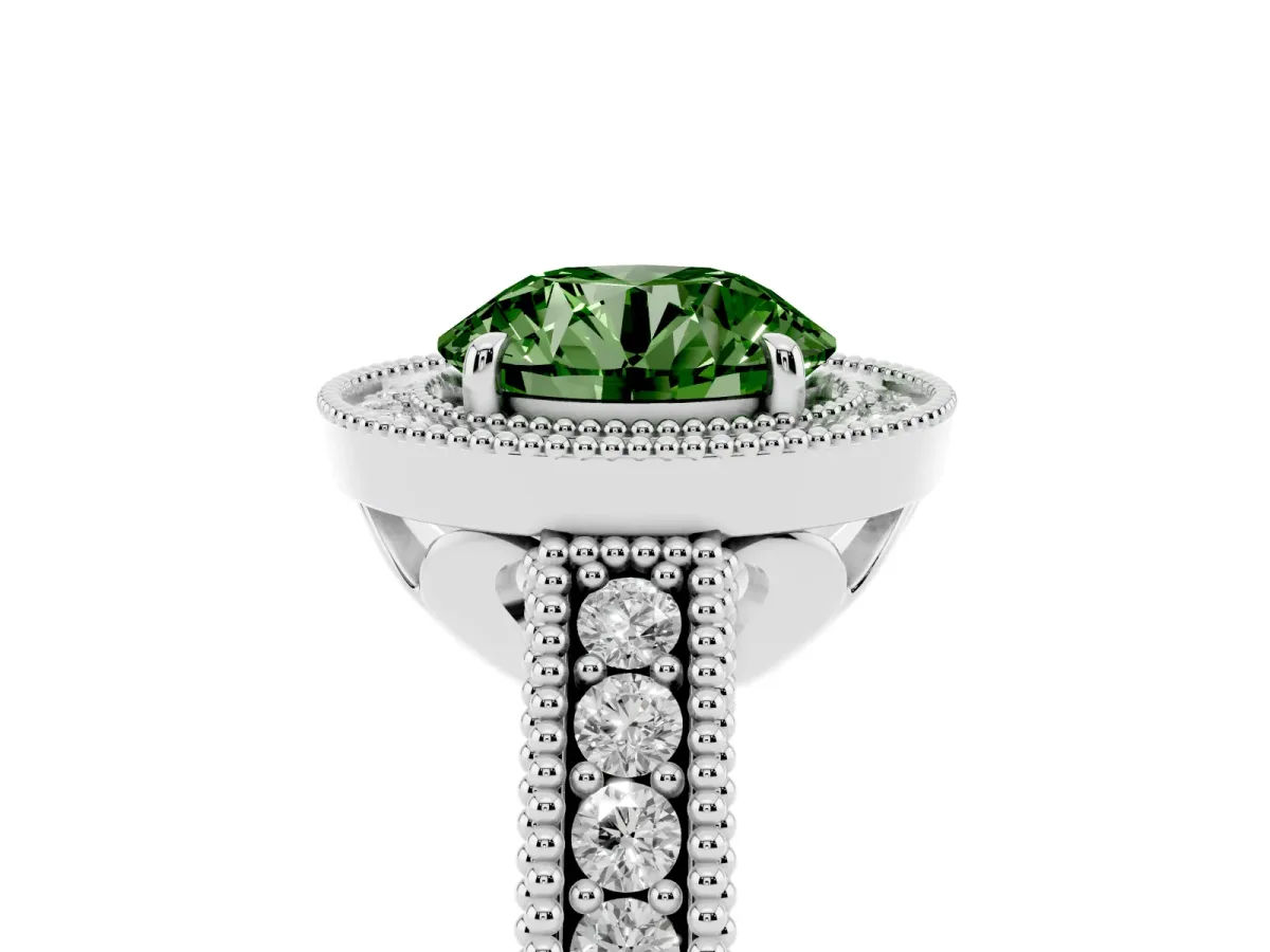 Fancy Green Round Cut Cut Halo Diamond Ring with Pavé Band and Four-Prong Setting Platinum