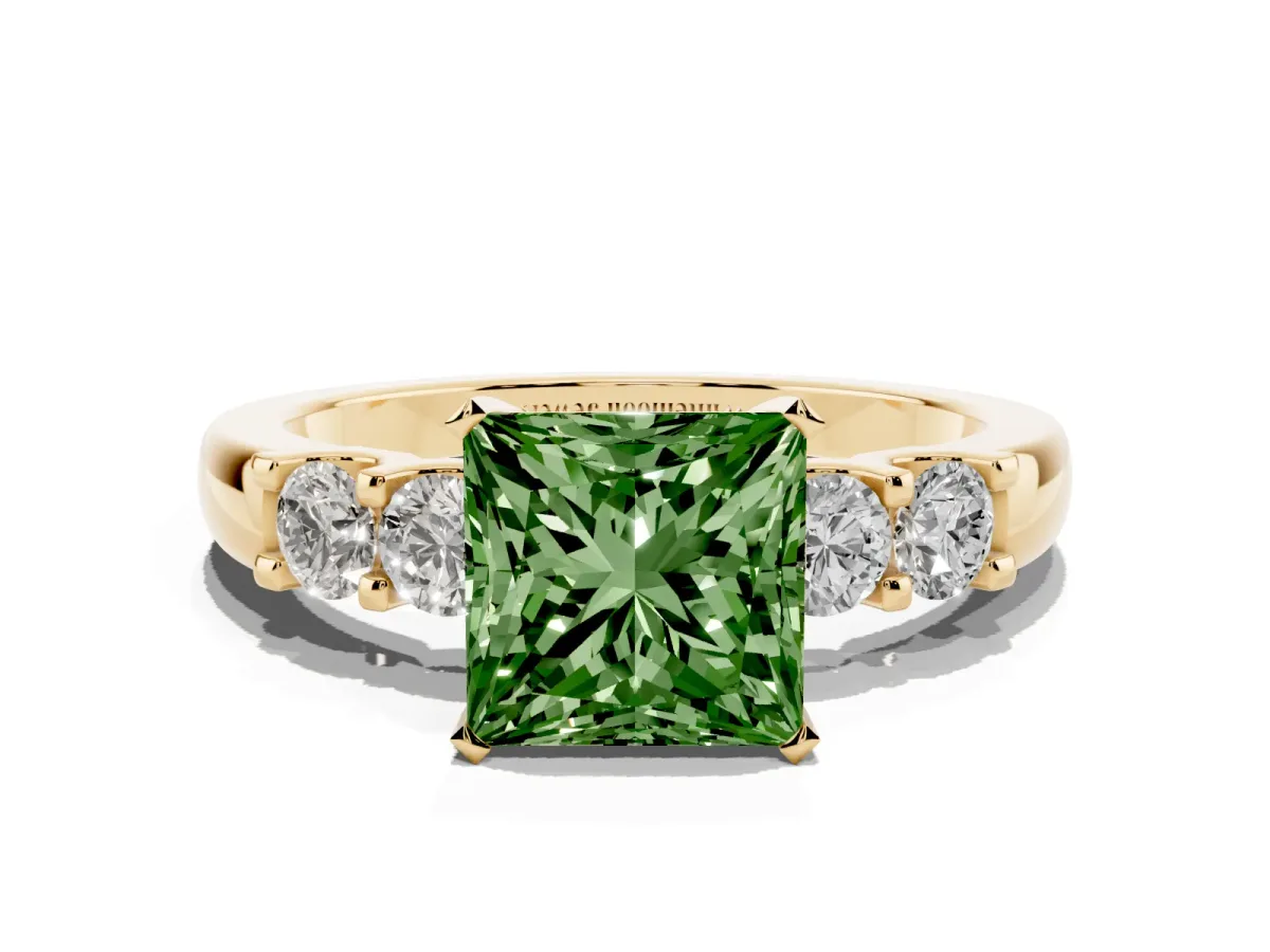 Fancy Green Princess Cut Brilliant Cut Diamond Five-Stone Prong Set Engagement Ring with Channel Band Yellow gold