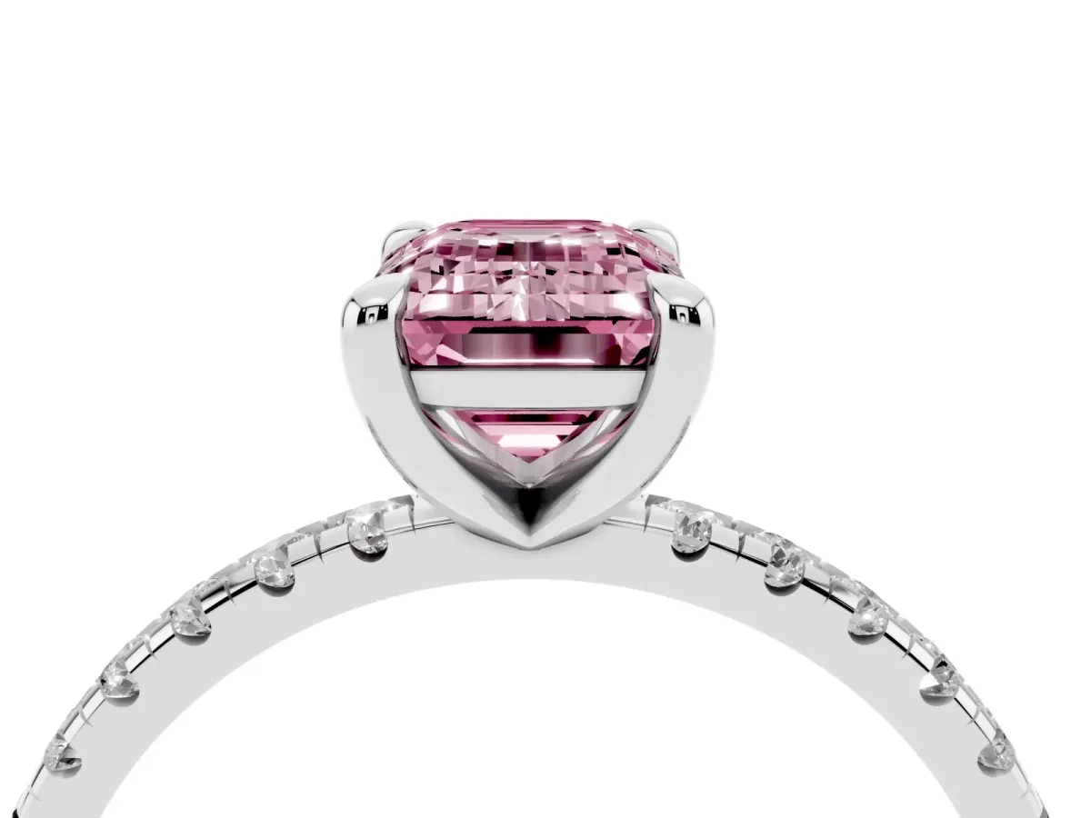 Fancy Pink Emerald Cut Diamond Brilliant Solitaire Ring with Pavé Band and Four-Prong Setting Silver