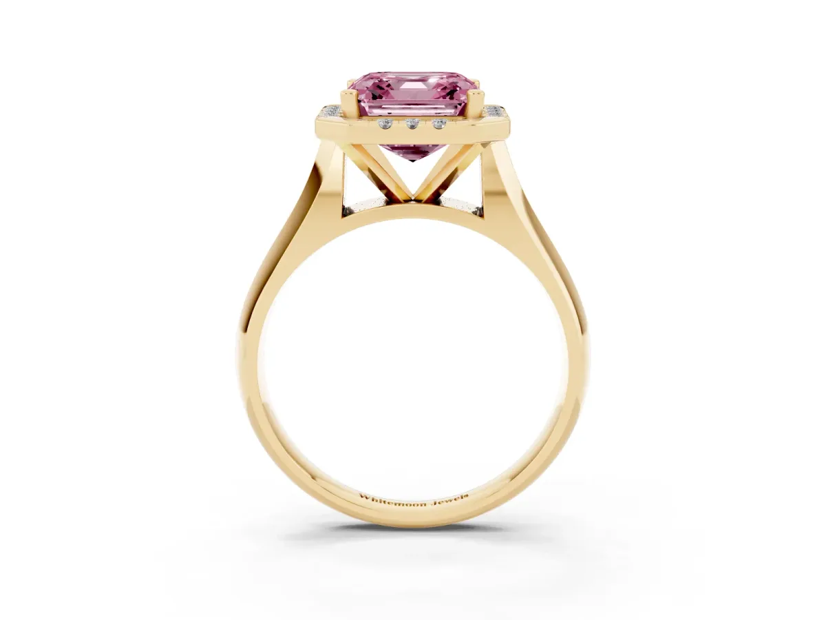 Fancy Pink Asscher Cut Cut Halo Solitaire Engagement Ring with Square Band and Four-Prong Setting Yellow gold