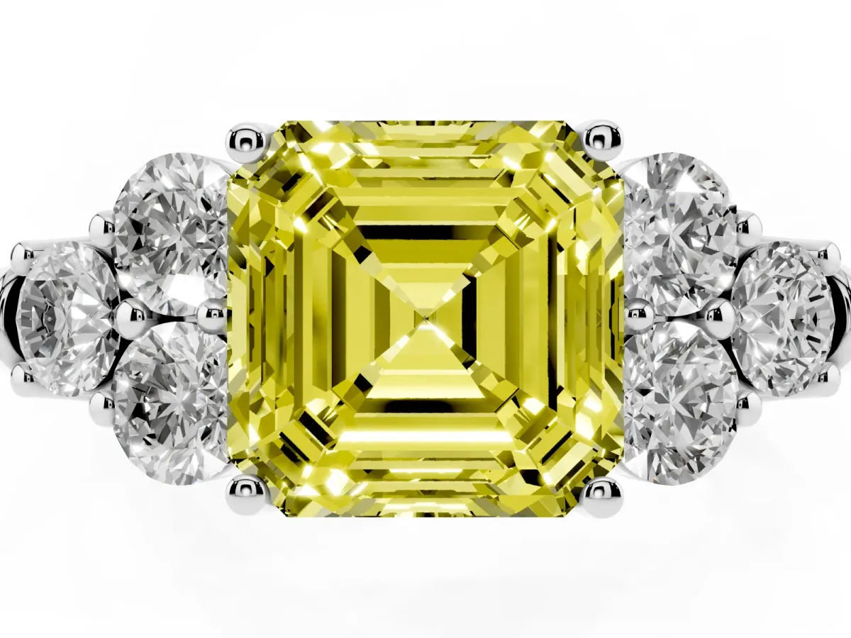 Fancy Yellow Asscher Cut Cut Diamond Cluster Ring with Round Accent Stones and Prong Setting on a Classic Band White gold
