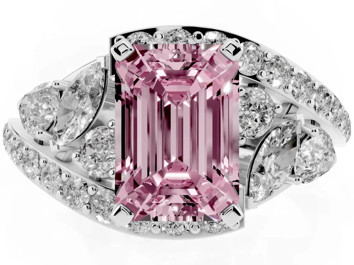 Fancy Pink Emerald Cut Diamond Halo Ring with Marquise and Pavé Band in Prong Setting Platinum