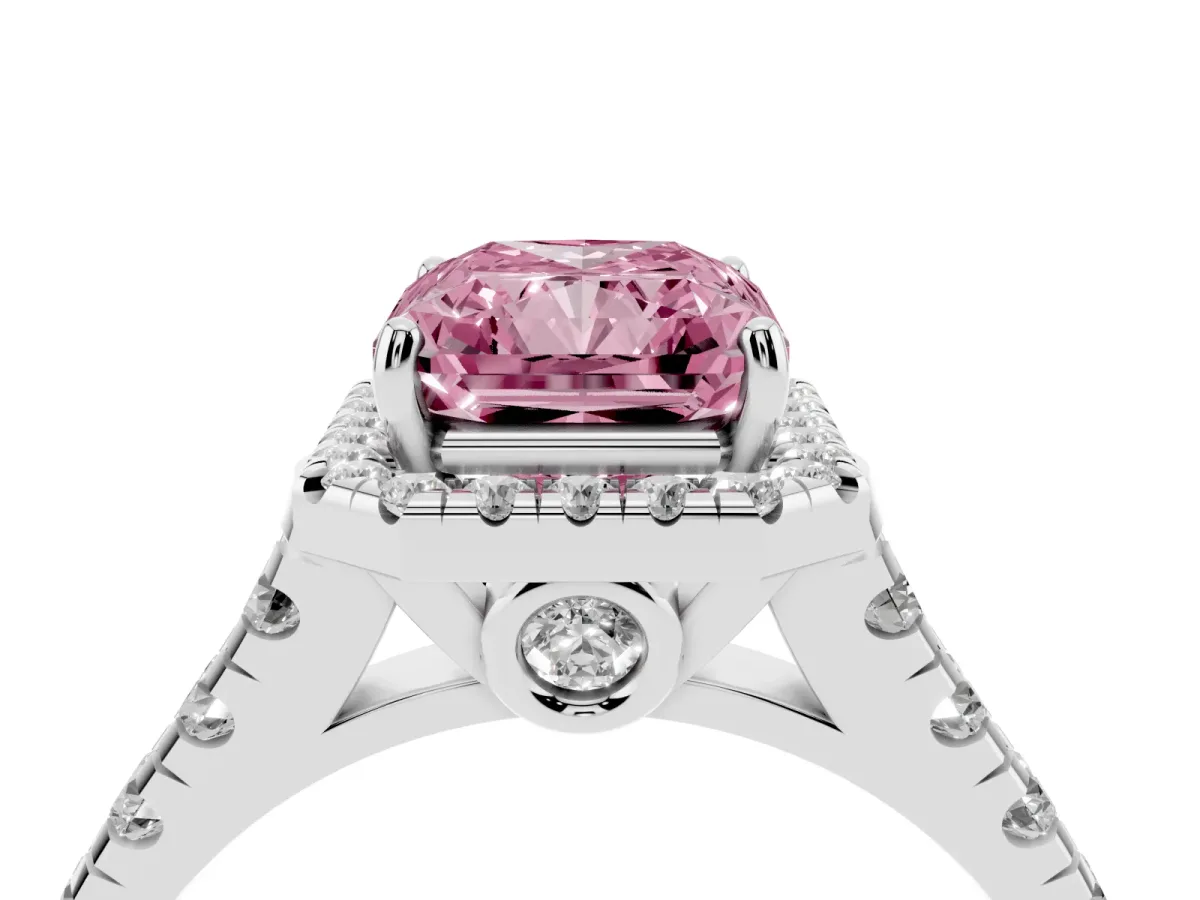 Fancy Pink Radiant Cut Halo Pavé Diamond Engagement Ring with Four-Prong Setting Silver