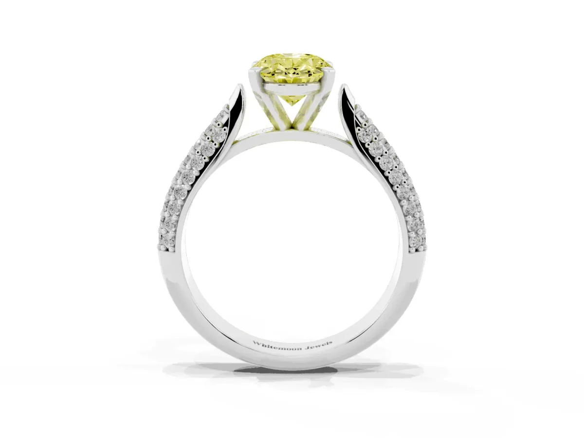 Fancy Yellow Oval Cut Diamond Solitaire Engagement Ring with Multi-Row Round Pavé Band and Prong Setting Platinum