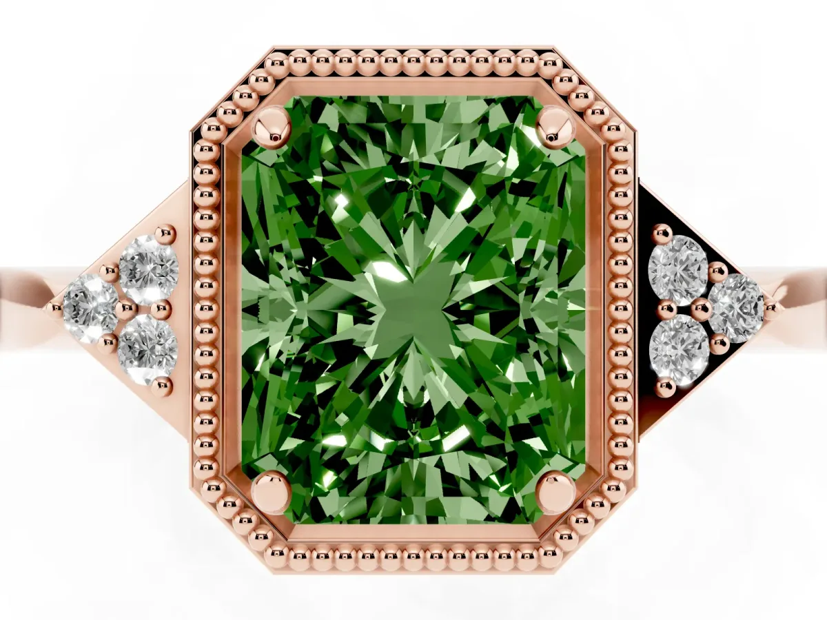 Fancy Green Hexagonal Halo Radiant Cut Diamond Solitaire with Pavé Band and Four-Prong Setting Rose gold