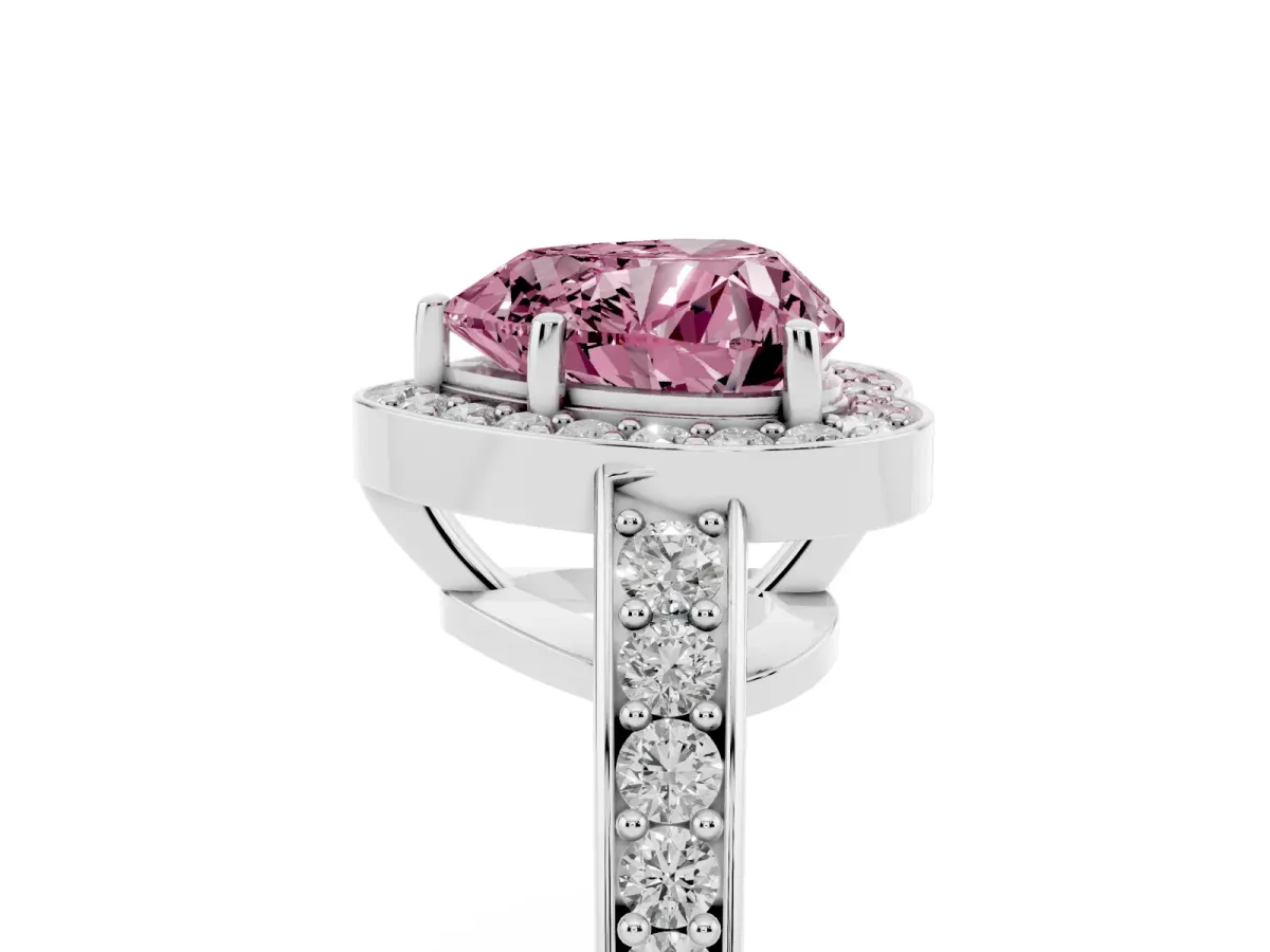 Fancy Pink Heart Cut Halo Pavé Diamond Engagement Ring with Bezel Setting Silver