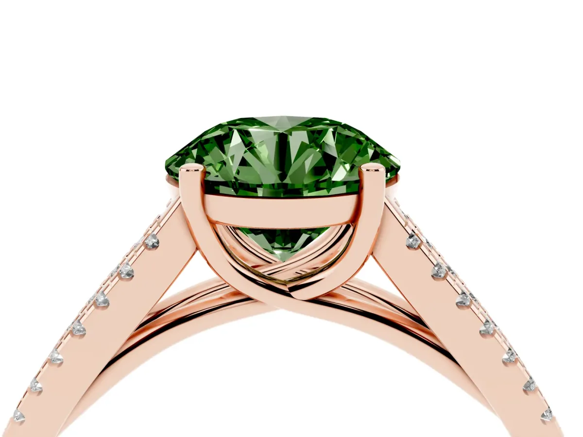 Fancy Green Round Cut Diamond Solitaire Engagement Ring with Split Shank Pavé Band Rose gold