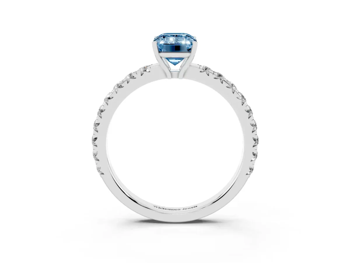 Fancy Blue Emerald Cut Diamond Pavé Solitaire Engagement Ring with Four-Prong Setting Platinum