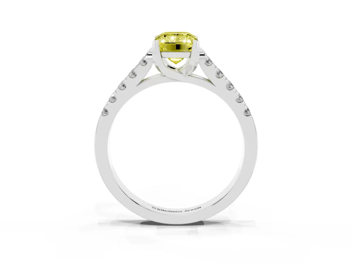 Fancy Yellow Emerald Cut Diamond Pavé Band Solitaire Ring with Prong Setting Silver