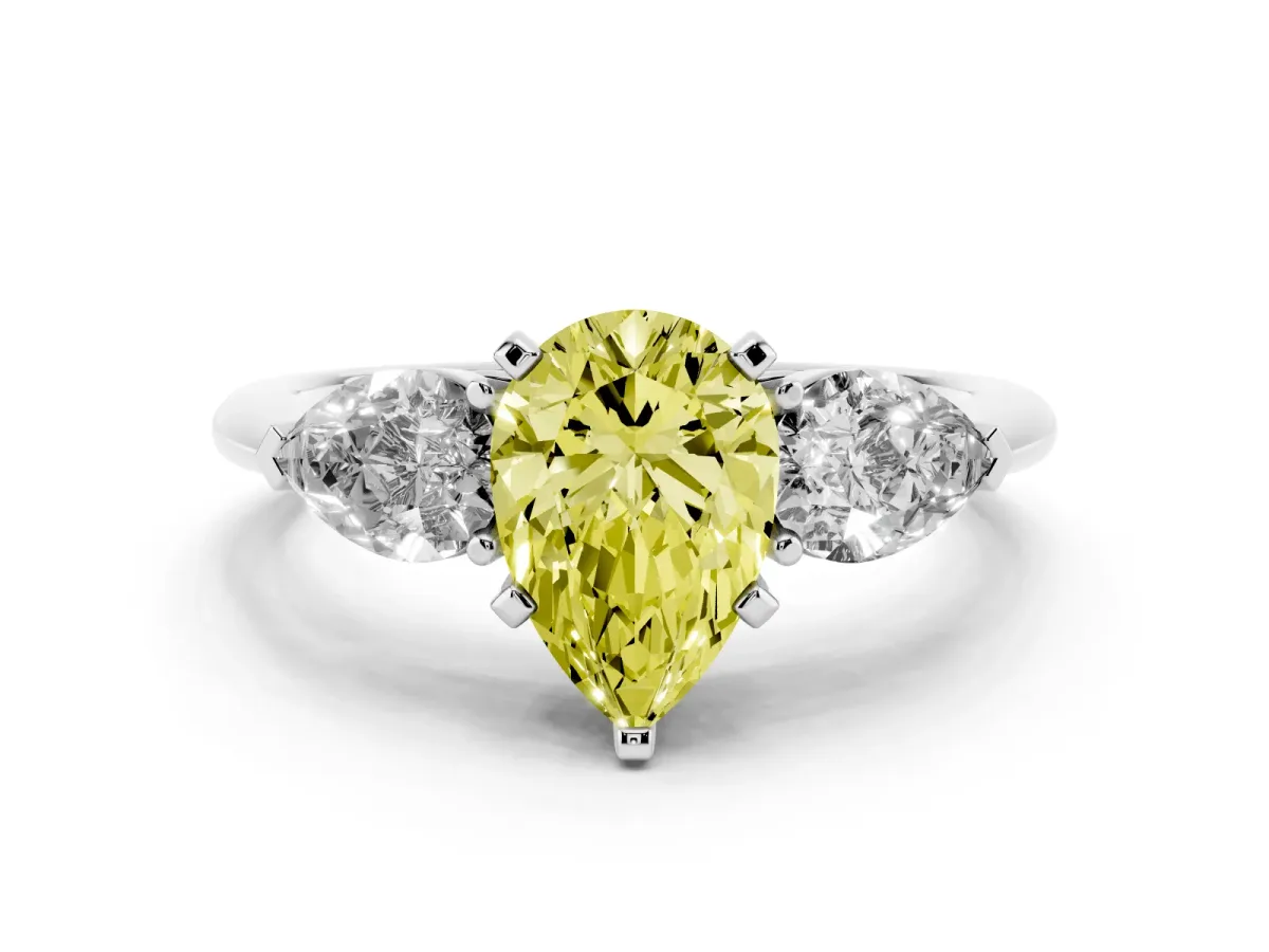 Fancy Yellow Three-Stone Pear Cut Diamond Ring with Pear Side Stones and Four-Prong Setting Silver