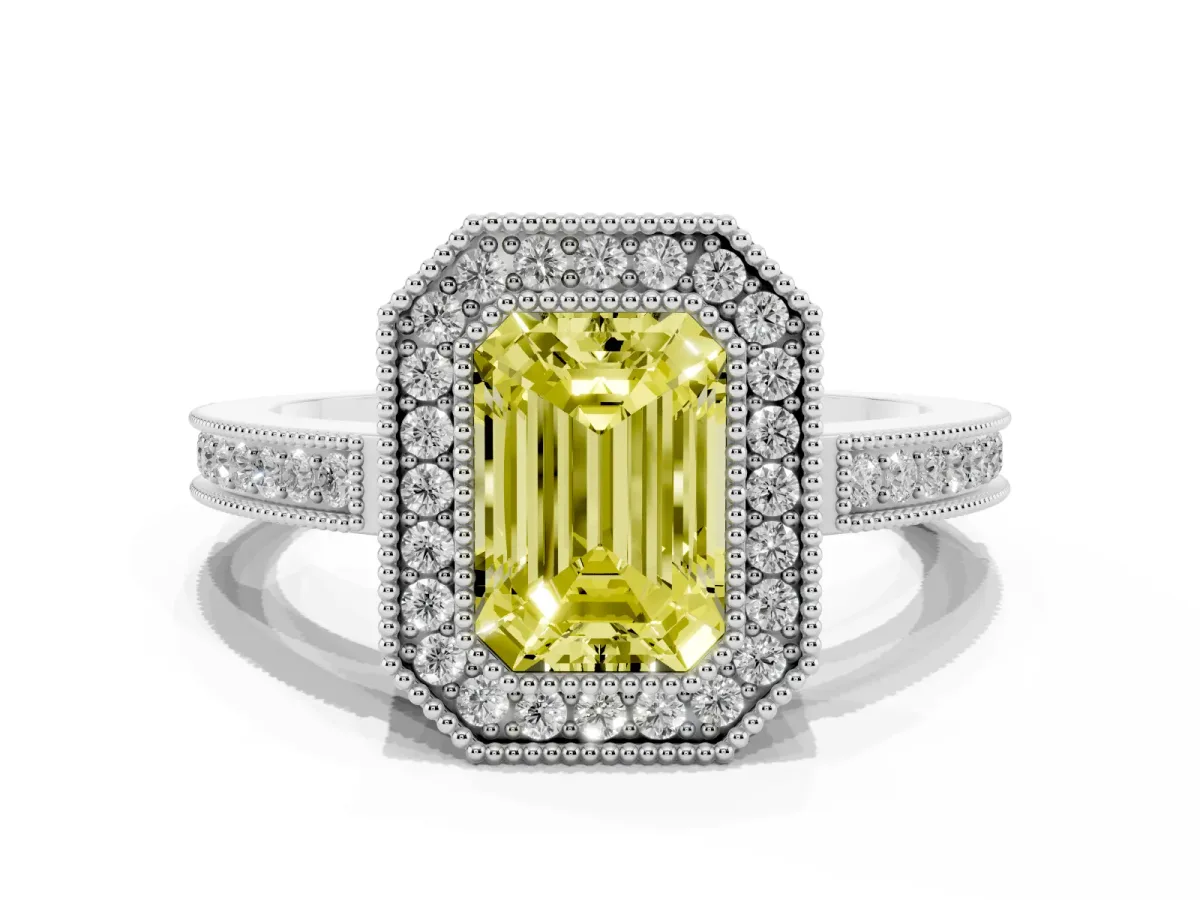 Fancy Yellow Emerald Cut Cut Halo Diamond Ring with Pavé Band and Milgrain Prong Setting White gold