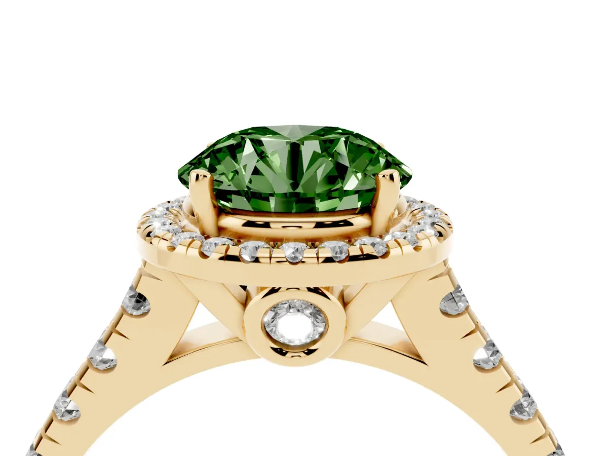 Fancy Green Round Cut Halo Pavé Diamond Engagement Ring with Four-Prong Setting Yellow gold