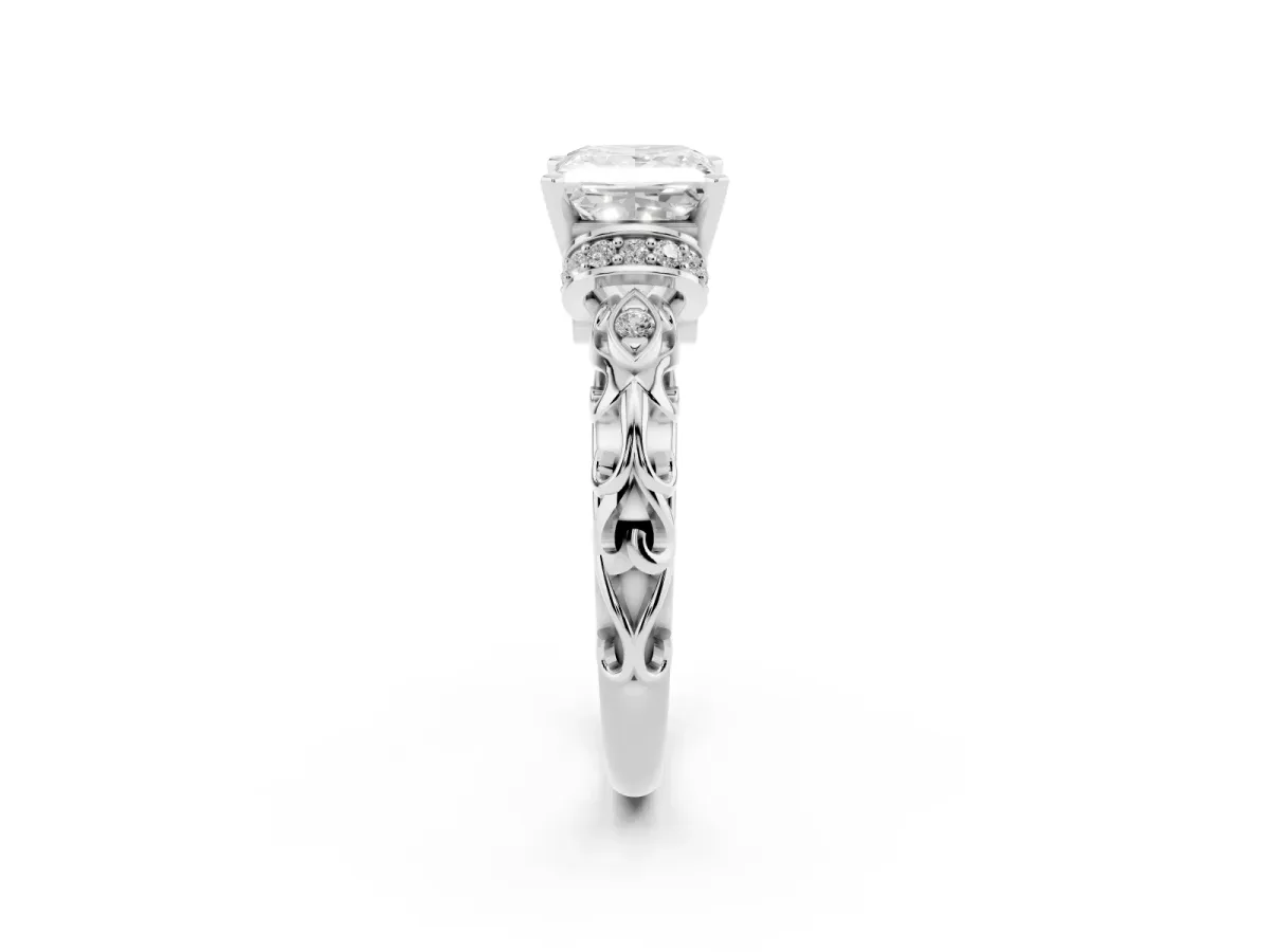 Princess Cut Diamond Solitaire Ring with Filigree Band and Four-Prong Setting Silver