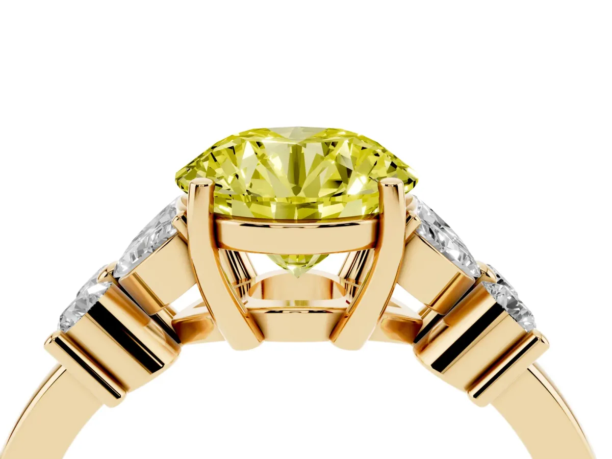 Fancy Yellow Round Cut Diamond Floral Cluster Ring with Solitaire Band and Prong Setting Yellow gold