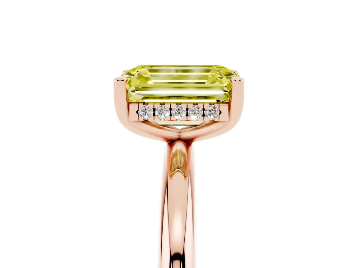 Fancy Yellow Emerald Cut Cut Solitaire Engagement Ring with Four-Prong Setting and Classic Band Rose gold