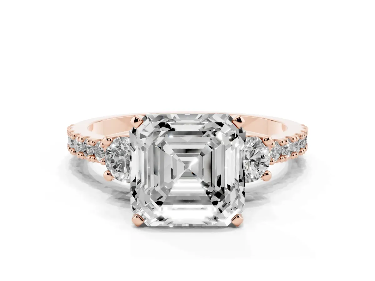 Asscher Cut Three-Stone Diamond Pavé Band with Prong Setting Rose gold