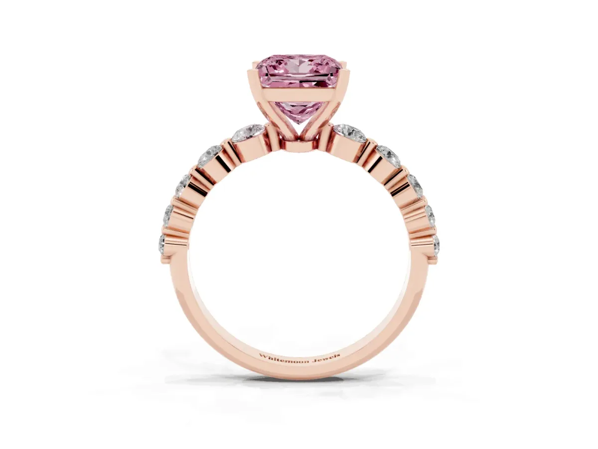 Fancy Pink Princess Cut Solitaire Diamond Ring with Pave Band and Four-Prong Setting Rose gold