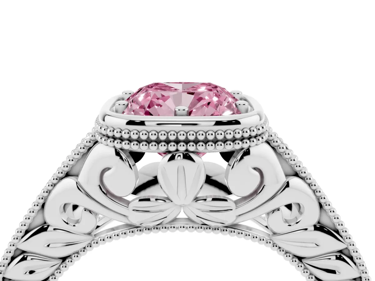Fancy Pink Bezel Set Cushion Cut Diamond Milgrain Pave Engagement Ring Silver