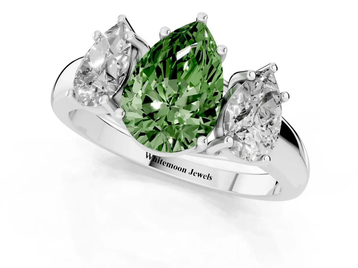 Fancy Green Three-Stone Pear Cut Diamond Engagement Ring with Prong Setting Platinum