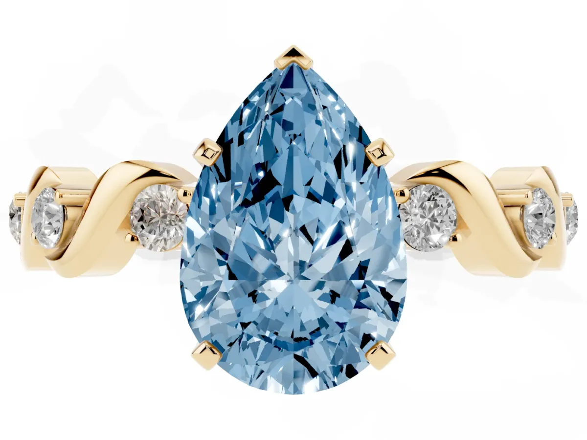 Fancy Blue Pear Cut Diamond Solitaire Twisted Band with Round Accents and Prong Setting Yellow gold