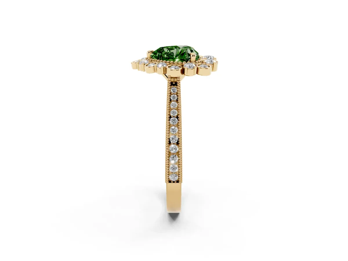 Fancy Green Heart Cut Halo Milgrain Pave Diamond Ring with Four-Prong Setting Yellow gold