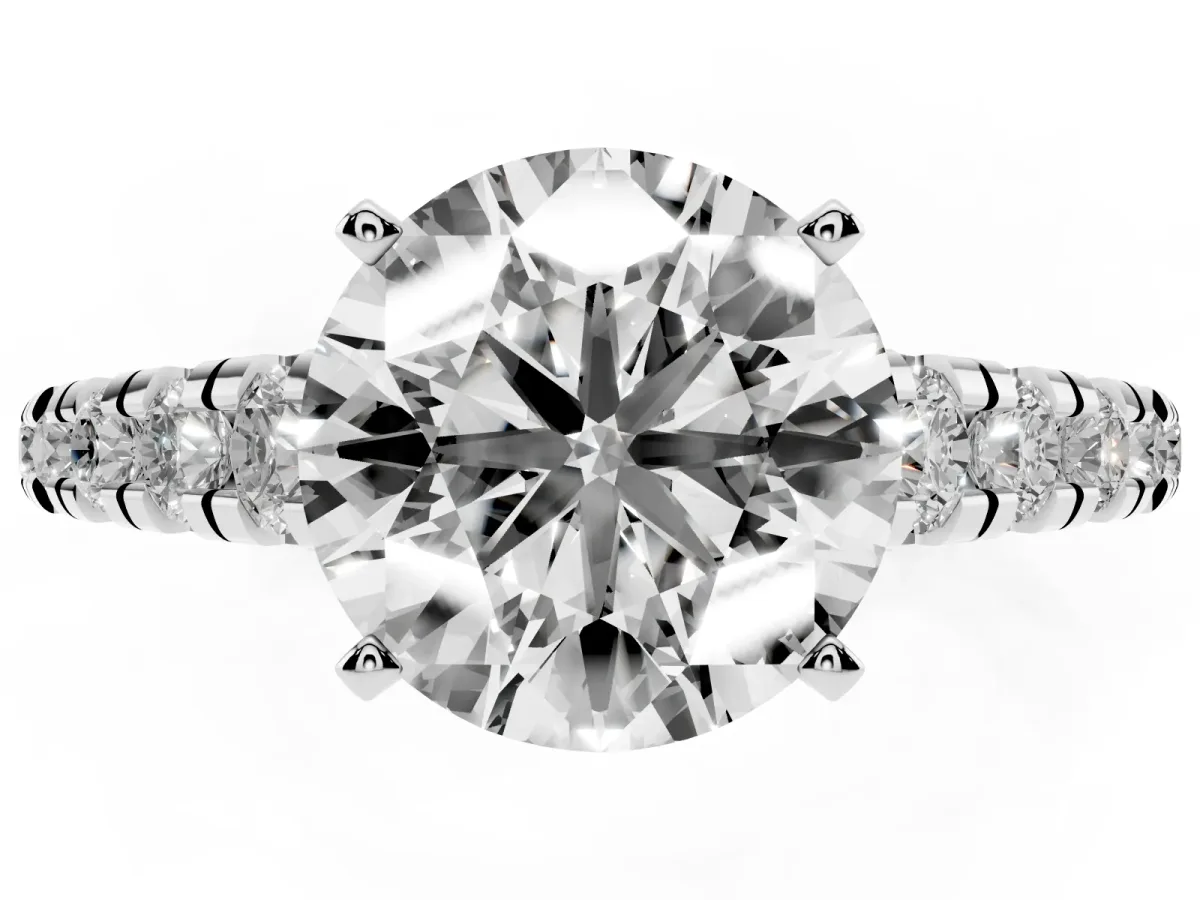 Round Cut Diamond Cathedral Solitaire Ring with Round Pavé Band Silver