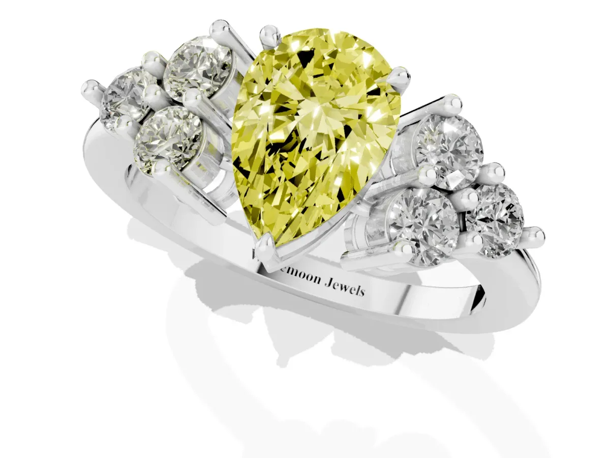 Fancy Yellow Pear Cut Brilliant Diamond Cluster Accent Solitaire Ring with Prong Setting Silver
