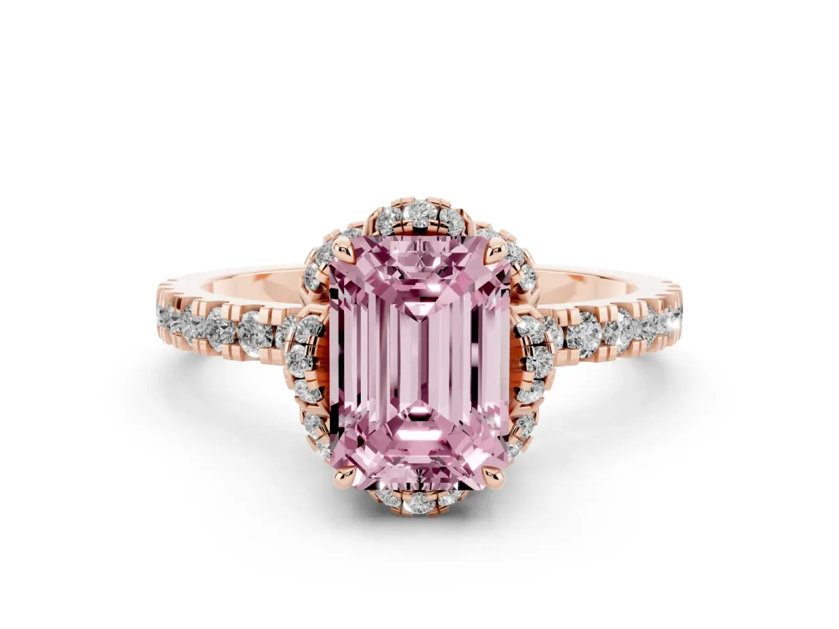 Fancy Pink Emerald Cut Halo Diamond Pave Band Ring with Four-Prong Setting Rose gold