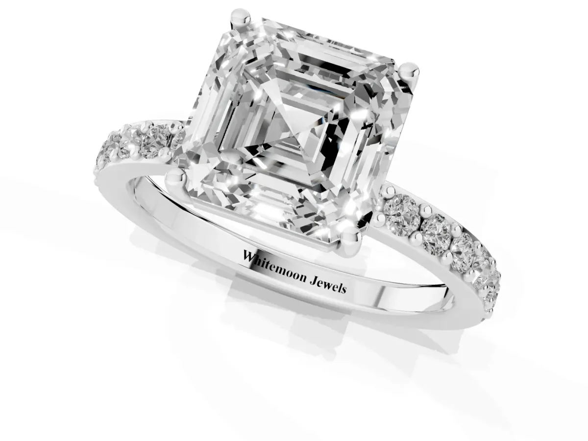 Asscher Cut Cut Diamond Solitaire with Pave Band and Four-Prong Setting Silver