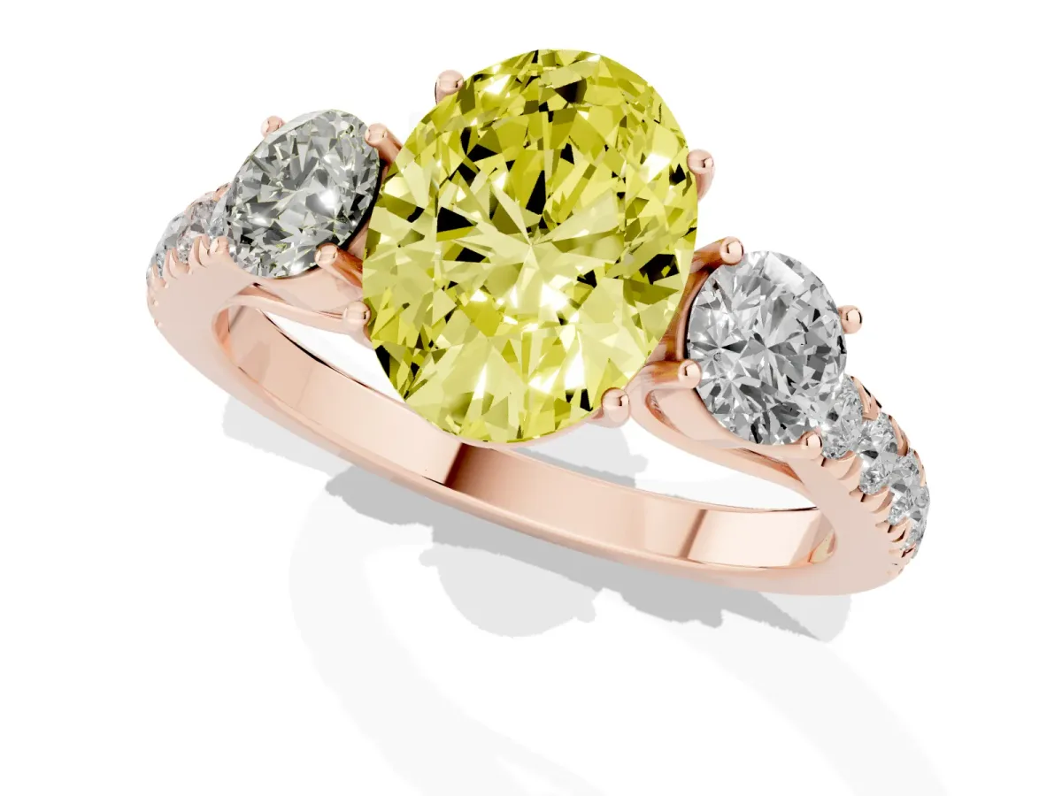 Fancy Yellow Oval Cut Cut Diamond Three-Stone Ring with Round Side Stones and Pavé Band Rose gold