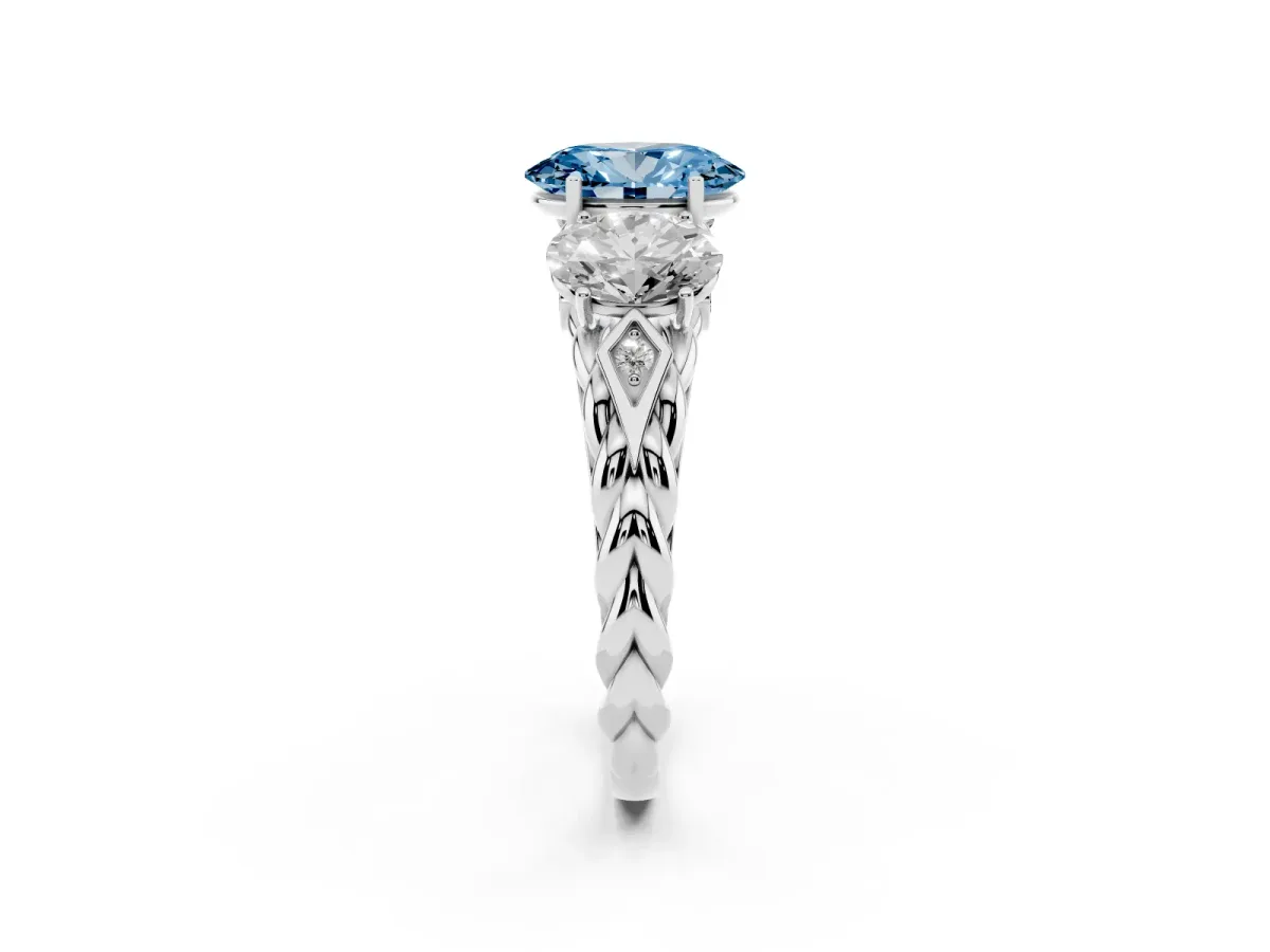 Fancy Blue Three-Stone Oval Cut Diamond Braided Band Ring with Four-Prong Setting Platinum