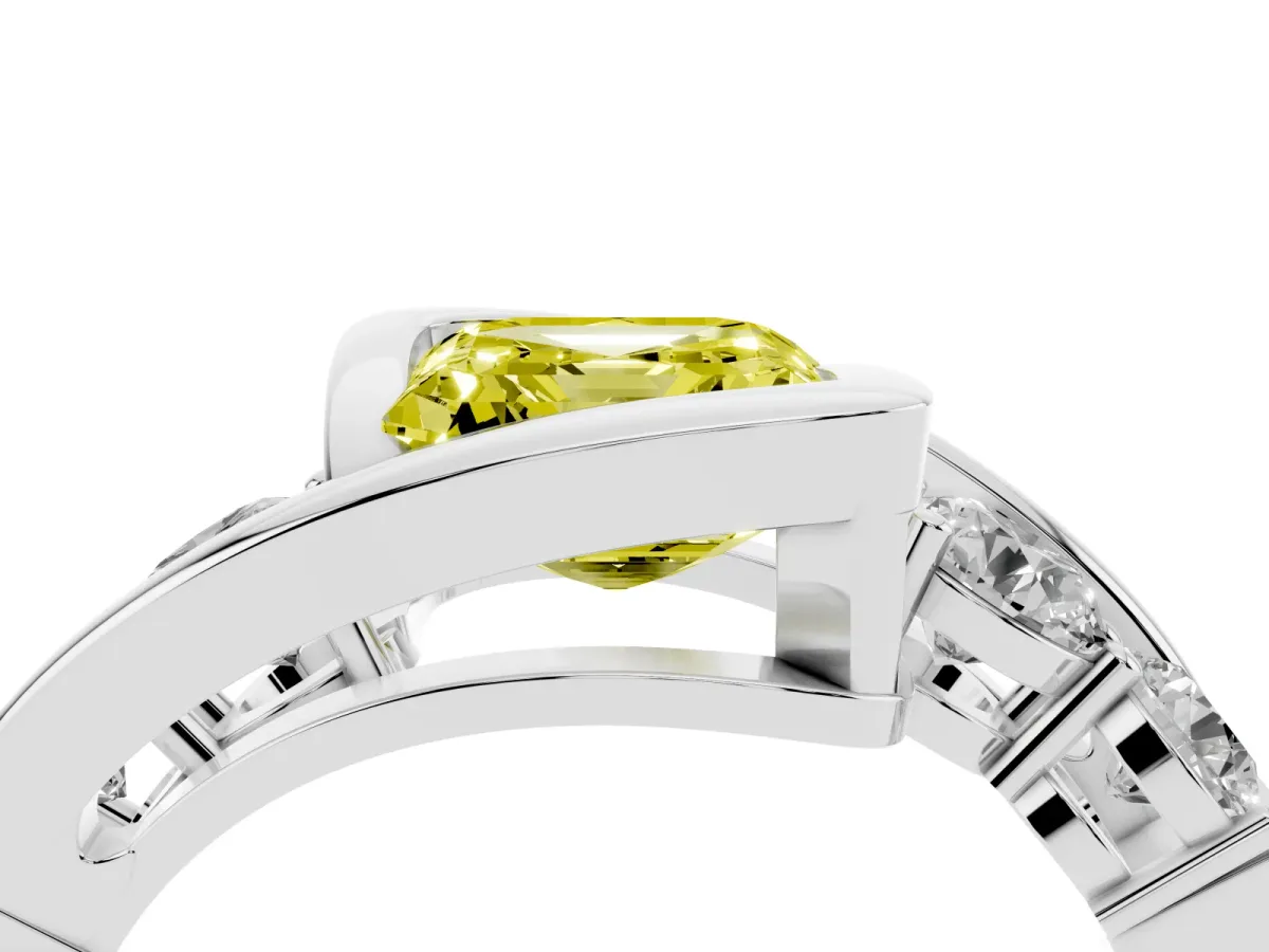 Fancy Yellow Bezel Set Asscher Cut Diamond Bypass Ring with Round Accents Platinum