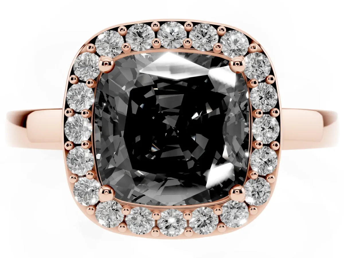Fancy Black Cushion Cut Halo Diamond Ring with Solitaire Band and Prong Setting Rose gold