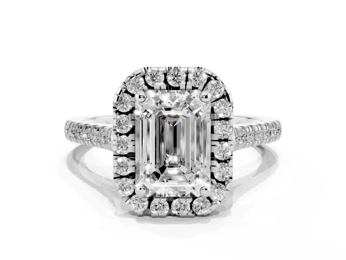 Emerald Cut Diamond Cushion Halo Ring with Pavé Band Silver