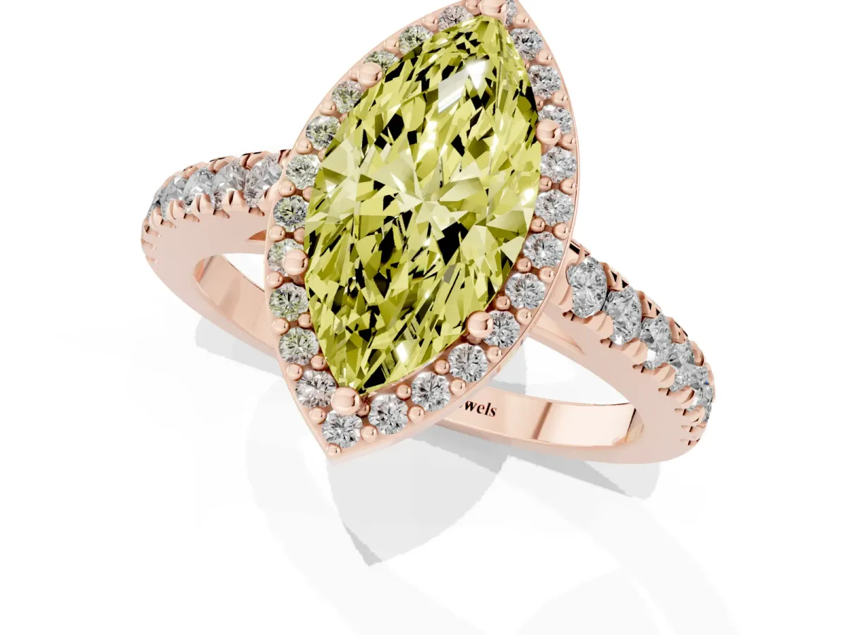 Fancy Yellow Marquise Cut Cut Halo Diamond Engagement Ring with Pave Band and Four-Prong Setting Rose gold