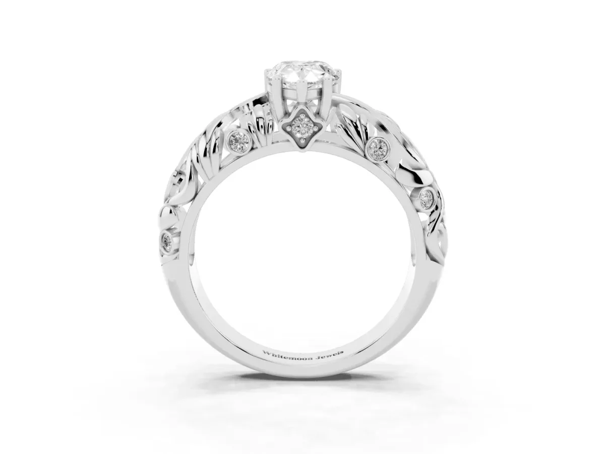 Pear Cut Solitaire Diamond Leaf-Inspired Vine Band Ring with Prong Setting Silver