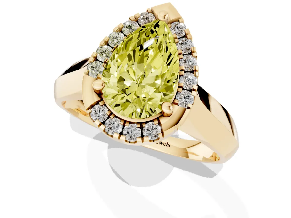 Fancy Yellow Pear Cut Cut Halo Solitaire Engagement Ring with Square Band and Four-Prong Setting Yellow gold