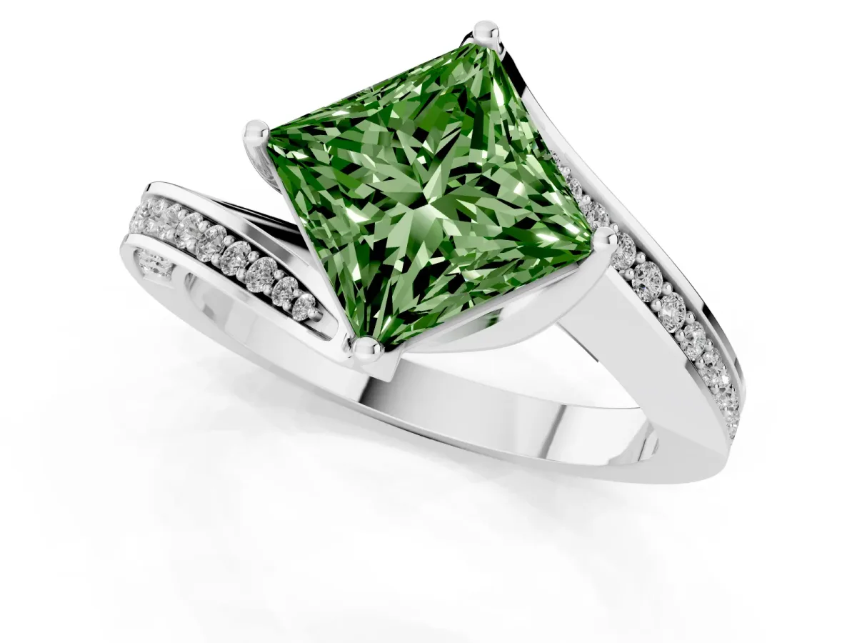 Fancy Green Princess Cut Solitaire Diamond Twist Band with Pavé Setting and Four-Prong Setting Silver
