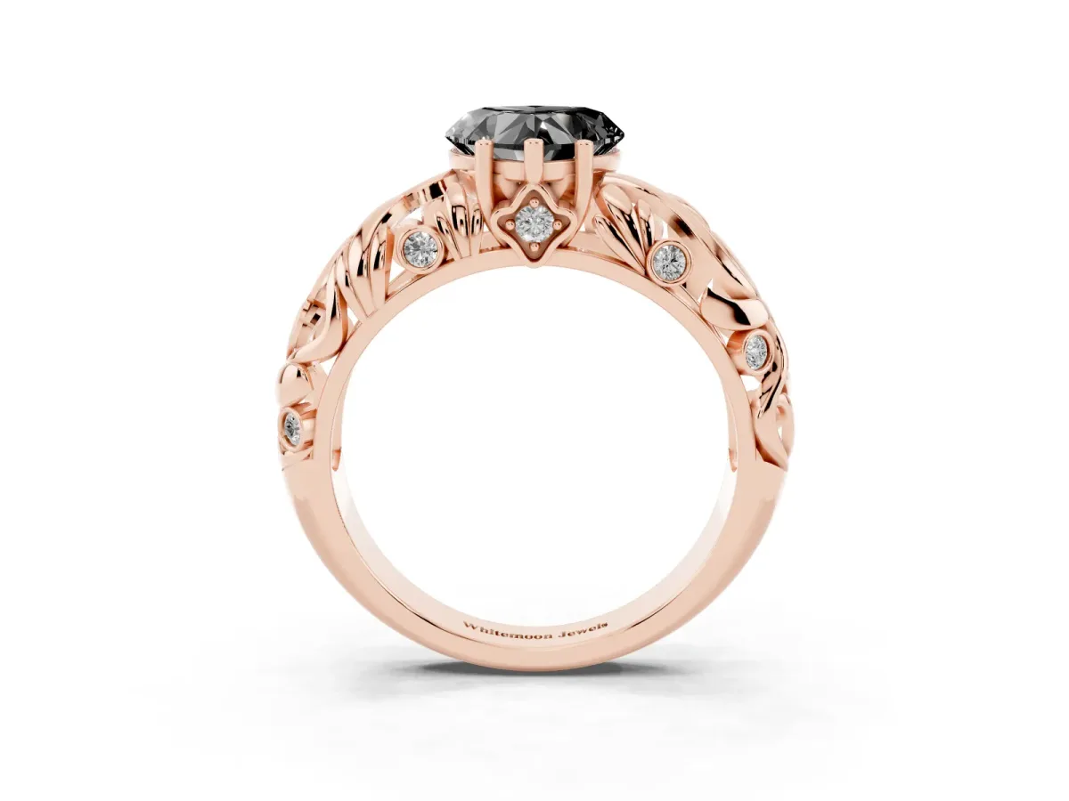 Fancy Black Heart Cut Solitaire Diamond Leaf-Inspired Vine Band Ring with Prong Setting Rose gold