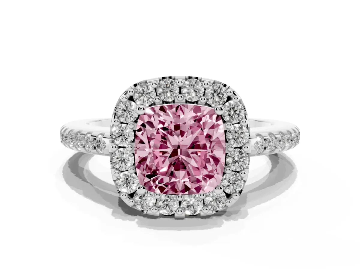 Fancy Pink Cushion Cut Diamond Pavé Halo Ring with Four-Prong Setting Silver