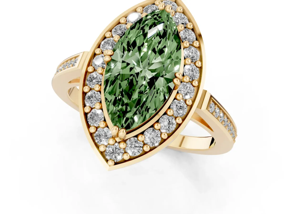 Fancy Green Marquise Cut Diamond Halo Ring with Split Shank and Four-Prong Setting Yellow gold