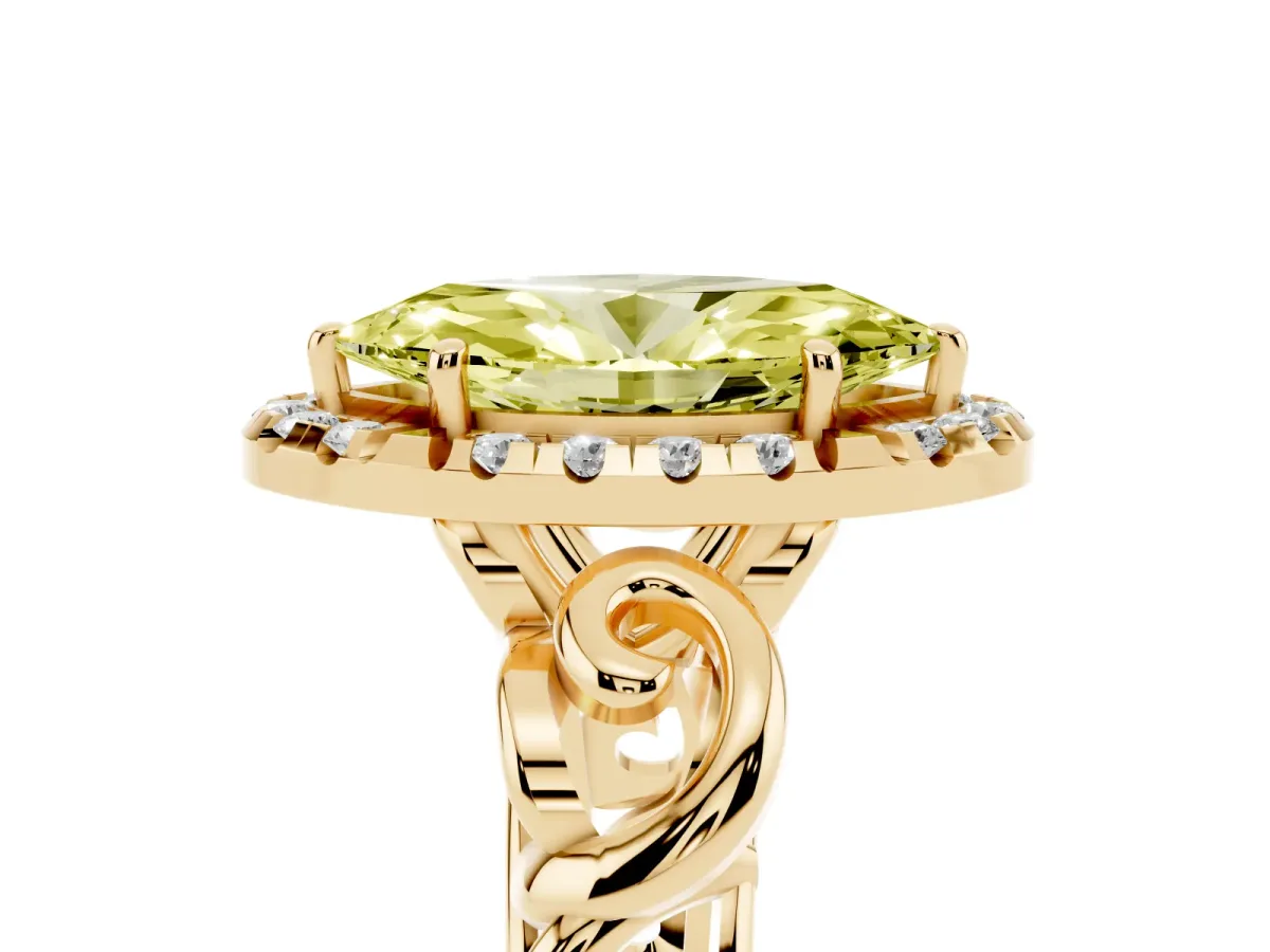 Fancy Yellow Marquise Cut Cut Halo Diamond Ring with Scrollwork Band and Four-Prong Setting Yellow gold